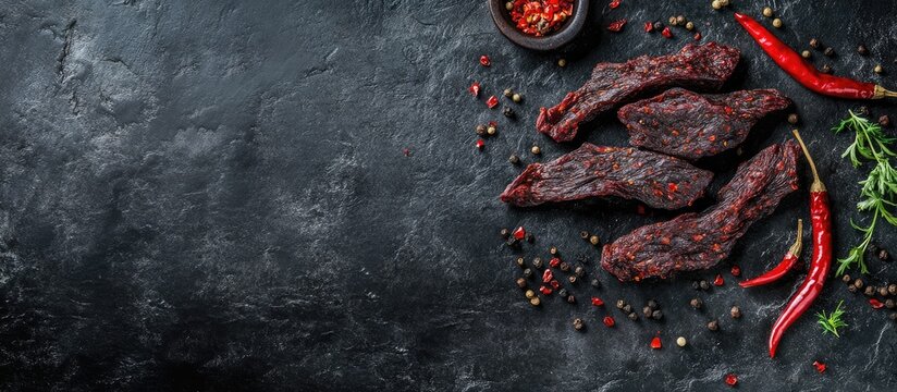 Dry beef jerky biltong with hot chili peppers and spices. with copy space image. Place for adding text or design - Powered by Adobe