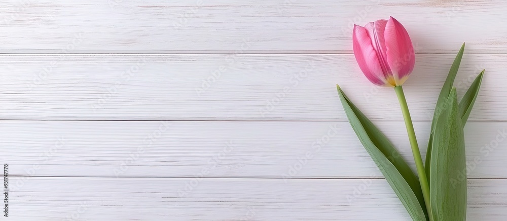 Aufkleber spring flowers pink tulip on a white wooden surface. with copy space image. place for adding text or