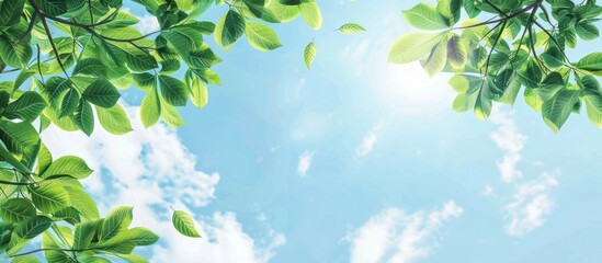 Blue sky and green tree leaves with copy space for text and design