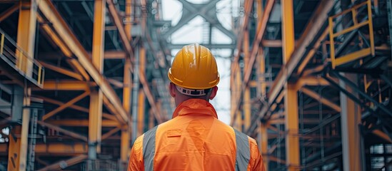 A project engineer is utilizing a construction safety checklist guideline to inspect the factory warehouse roof and beam structure seen in the blurred background This illustrates an industrial safety