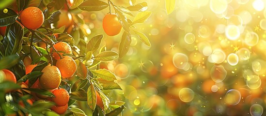 Blurred bokeh backdrop featuring citrus orange fruits and green leaves in the garden. with copy space image. Place for adding text or design