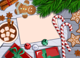 Christmas Gifts, Bells, Hot Chocolate, Candy Canes, Gingerbread Man, Snowflake Cookies, Star Anise, Cinnamon Sticks, Pine Tree Branches, and Blank Paper with Copyspace on a Wooden Backdrop