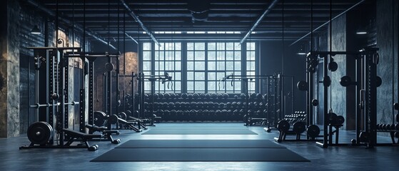 Photography of an empty modern gym interior full of weights, bars and racks