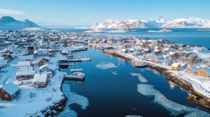 Aerial view of Henningsv during winter, with snow-covered rooftops and icy waters reflecting the cold blue sky.