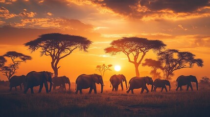 Fototapeta premium Herd of elephants walking across a savanna at sunset, with acacia trees in the background