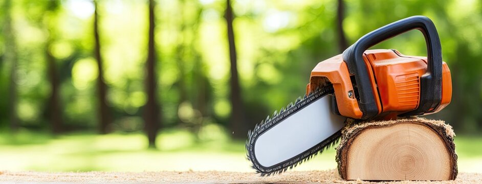 Dynamic chainsaw action slicing through wood in bright sunlight, capturing motion and energy in a serene outdoor setting