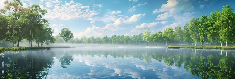 Poster Tranquil Lake in a Lush Forest with Foggy Morning - Realistic 3D Rendering