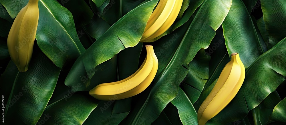 Poster green natural backdrop banana tropical yellow foliage. with copy space image. place for adding text 