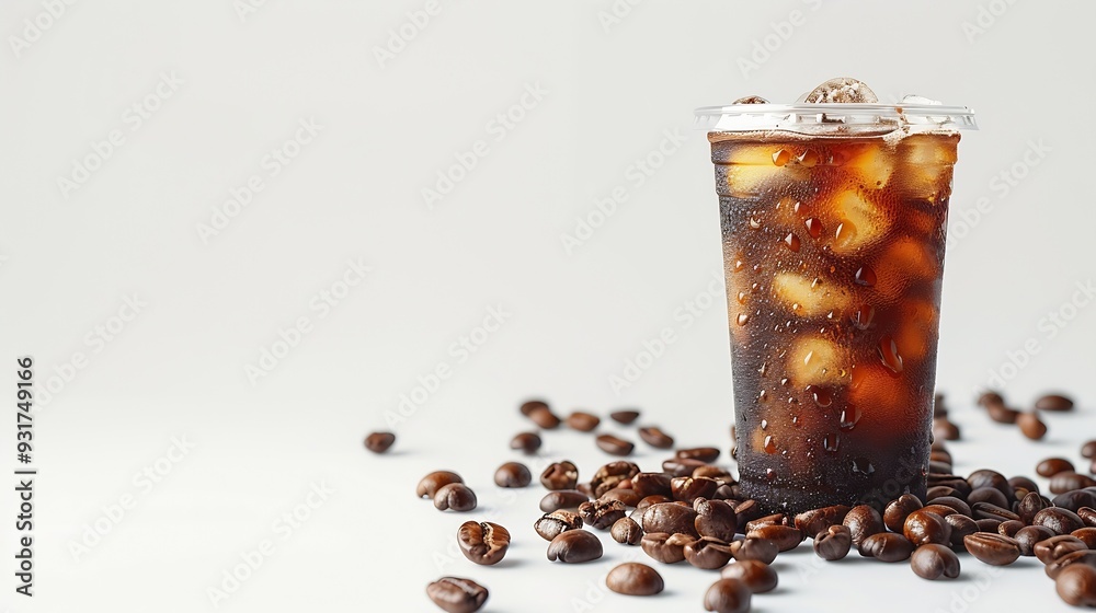 Aufkleber Americano ice coffee and coffee bean out of bottle on white background with isolate concept : Generative AI