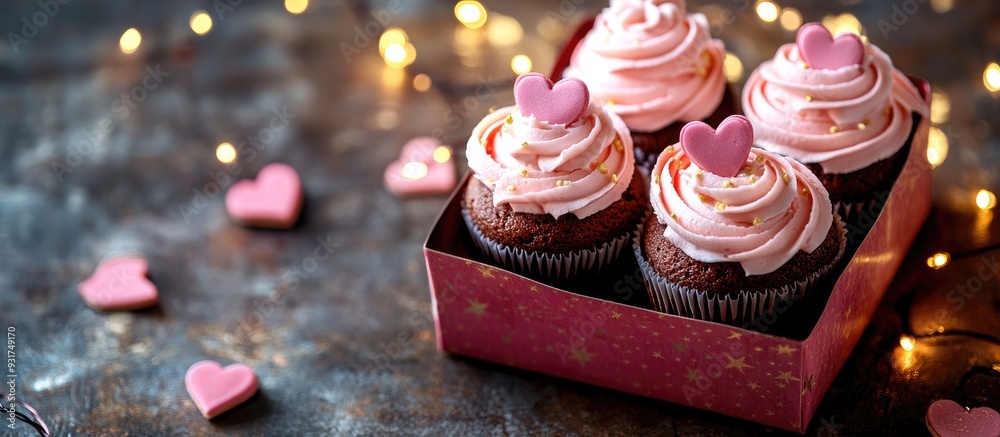 Poster Cupcakes in a gift box with fairy lights Blank area for text Valentine s Day theme. with copy space image. Place for adding text or design