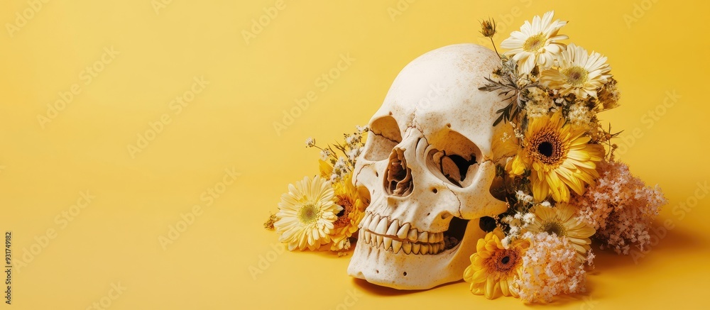 Poster human skull adorned with beautiful flowers on a yellow background close up. with copy space image. p