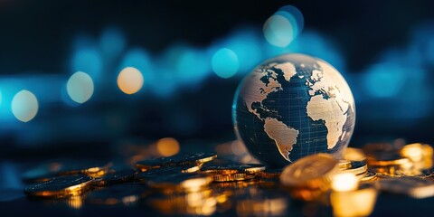 A globe surrounded by coins, representing global finance and commerce, with a blurred background emphasizing wealth and investment.