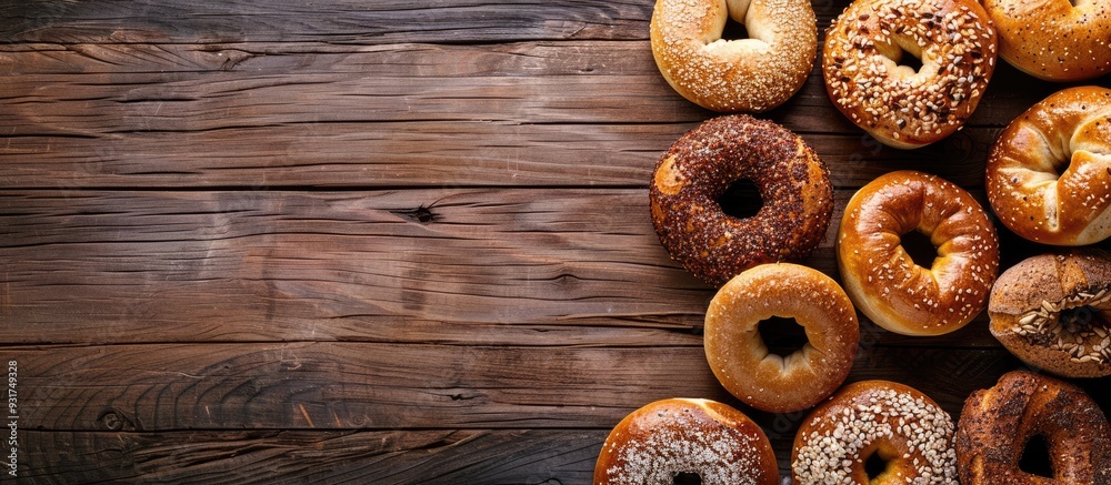 Poster A stack of bagels spread across the dark wooden table Top view Numerous bagels on a dark background Copyspace for your text