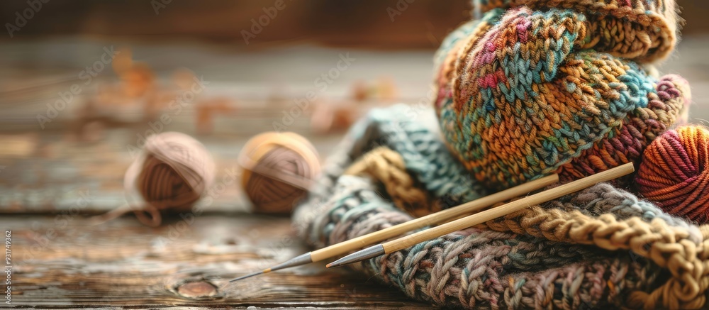 Poster balls of wool yarn a small knitted hat and wooden knitting needles on a wooden surface craft hobby c