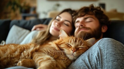 Cute domestic cat animal lying on a man enjoying and relaxing with a woman on sofa couch indoors