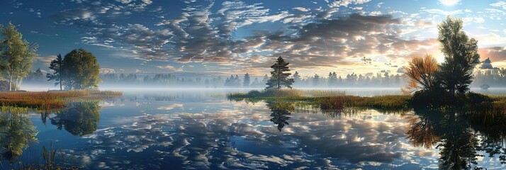 Scenic Lake Reflections in a Misty Autumn Forest - Illustration