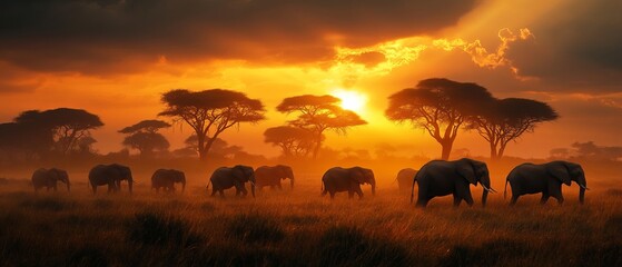Obraz premium Herd of elephants walking across a savanna at sunset, with acacia trees in the background