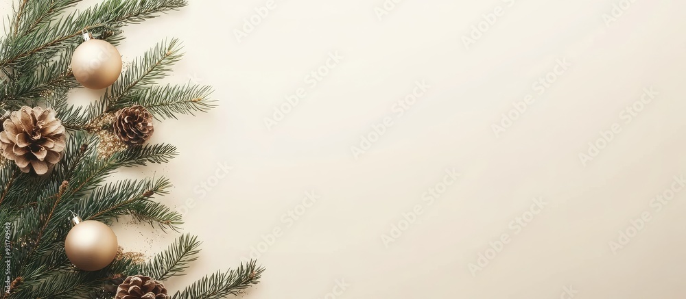 Aufkleber Flat lay arrangement for Christmas featuring pine and decorations. with copy space image. Place for adding text or design