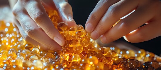 Amber The creation of beads from sunstone using thread and needle The artisan s hands choose pieces of amber for jewelry Production of amber beads Technology jewelry. with copy space image