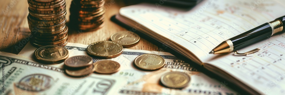 Fototapete a stack of cash and coins rests next to a notebook full of calculations and notes, revealing an orga