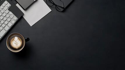 A cozy workspace featuring coffee and a keyboard.