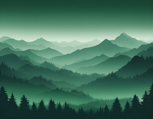 Fototapeta premium Green Misty forest multiple mountains background