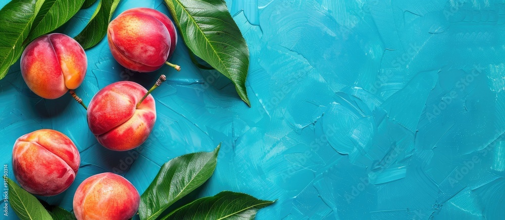 Poster Ripe nectarine with leaves set against a blue background providing copy space for your text Top view Flat lay arrangement