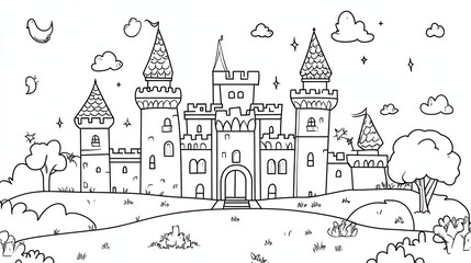 Obraz premium A black and white line drawing of a castle.