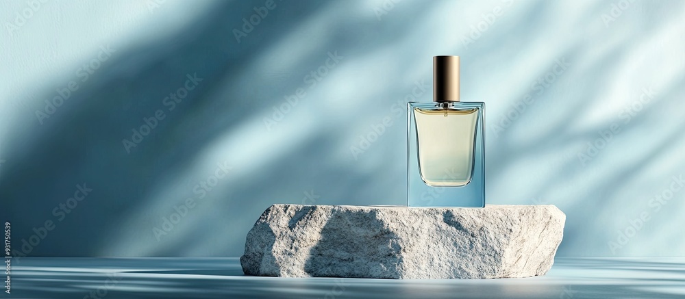 Poster Elegant display of luxury men s perfume on stone with a light blue background Area for text. with copy space image. Place for adding text or design