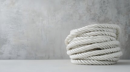 Neatly coiled white climbing rope lying on a plain surface leaving ample copy space on the left side for text overlay or additional design elements