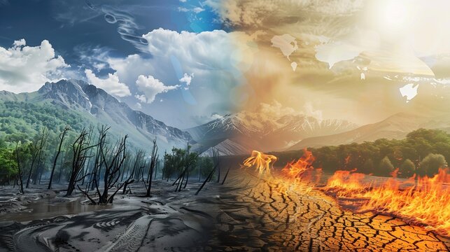 Image depicting the effects of climate change with extreme weather events including wildfires and floods ravaging different parts of the world
