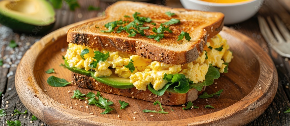 Poster avocado sandwiches with scrambled eggs sliced avocado and egg on toasted bread for a nutritious brea