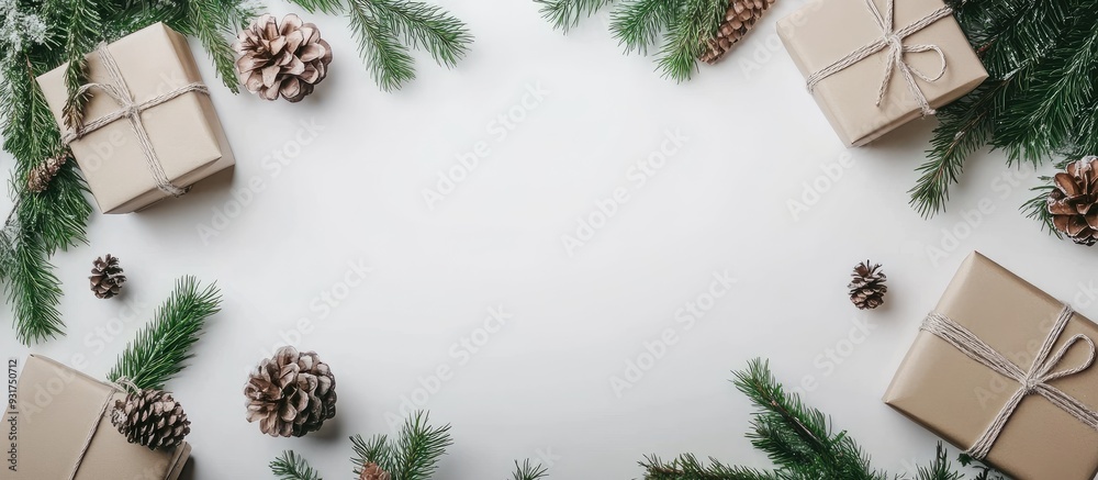 Poster blank paper mockup gift boxes decorations set against a white background. with copy space image. pla