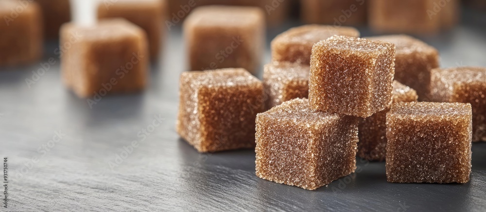 Poster Close up of brown sugar cubes on a grey table. with copy space image. Place for adding text or design