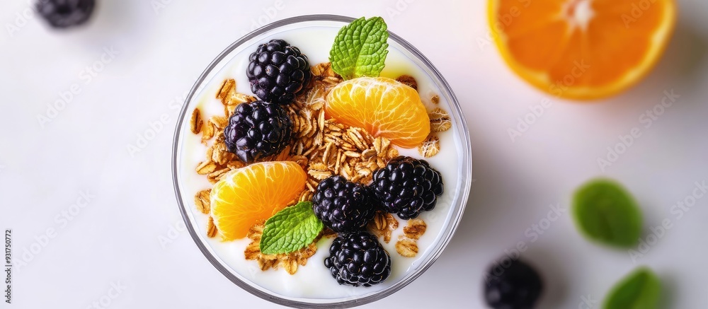 Aufkleber vegan healthy breakfast option yogurt and granola topped with fresh blackberries oranges and mint in