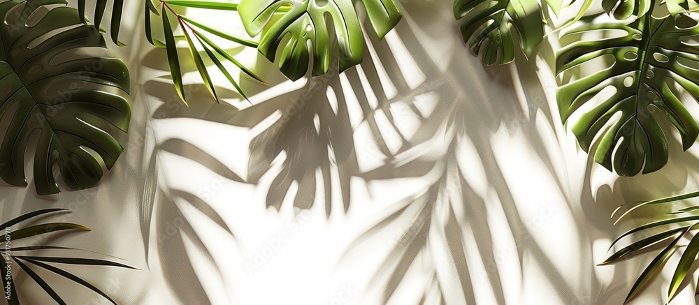 Leinwandbilder Tropical leaves create a natural shadow overlay on a white textured background suitable for product presentations backdrops and mockups reflecting a summer seasonal concept. with copy space image