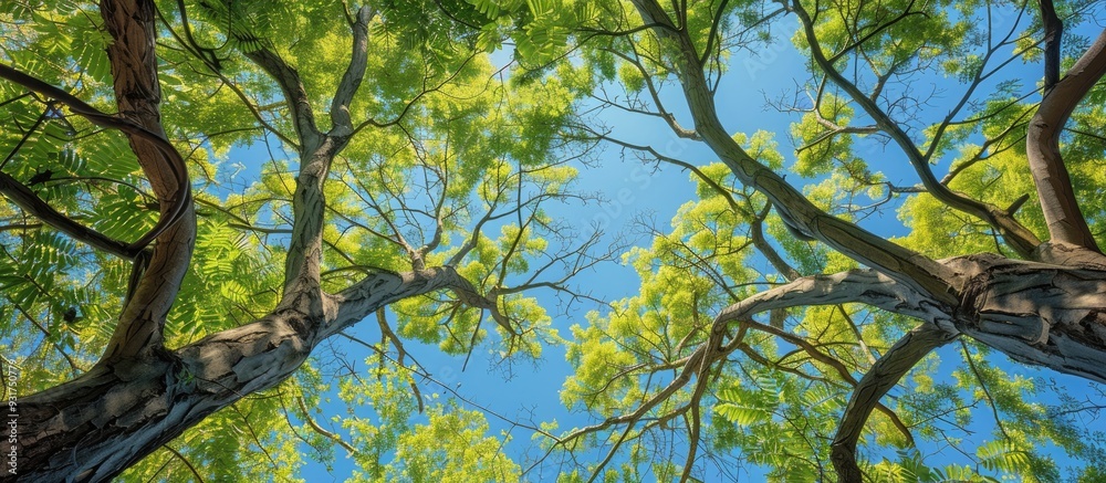 Poster directly beneath the trees with lush foliage set against a blue sky backdrop. with copy space image.