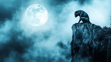 Lycanthropic Night. Sinister Werewolf on Moonlit Cliff in Eerie Mist - Werewolf and a full moon - Spooky fierce lycanthrope on a cliff - horror Halloween concept