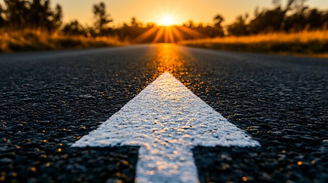 White arrow on the asphalt road during the sunset. Straight ahead way concept, path to success direction, business career future guidance, journey to the destination