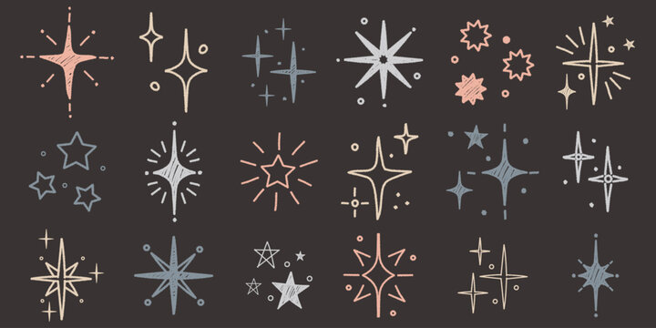 Hand drawn star sparkle shine of doodle set.  Charcoal pen drawn star shine glow, spark glitter, sparkle light. Vector chalk graphic elements