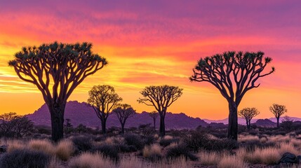 Fototapeta premium The quiver tree forest at sunset, with the iconic trees silhouetted against the orange and pink hues of the desert sky.