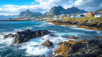 Fototapeta premium The rocky coastline of Hennings with waves crashing against the shore and the village nestled in the background.
