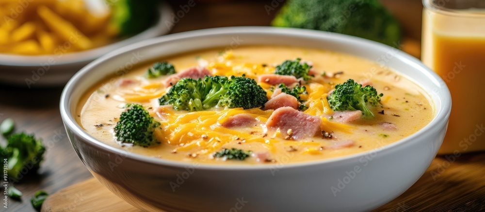 Poster Creamy broccoli cheese soup with fried ham cubes in a white bowl Suitable for a ketogenic low carb diet. with copy space image. Place for adding text or design