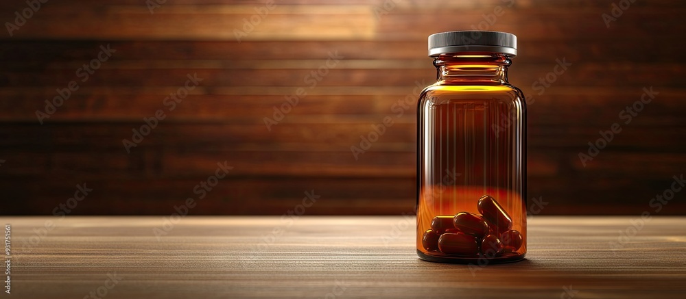 Poster pill bottle made of glass on a brown wooden table attractive brown backdrop. with copy space image. 