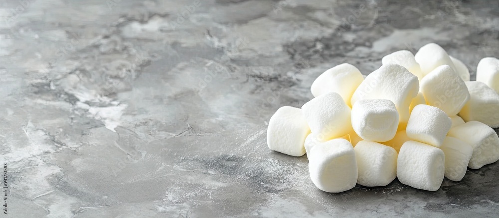 Poster tasty white and yellow marshmallows on a gray marble table room for text. with copy space image. pla
