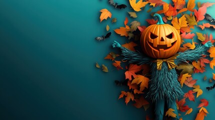 Scarecrow with Pumpkin Head in Autumn Setting, vibrant leaves and playful bats create a whimsical atmosphere, ample space for custom text on the left side