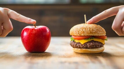 A person makes a choice between healthy food apple and unhealthy fast food cheeseburger