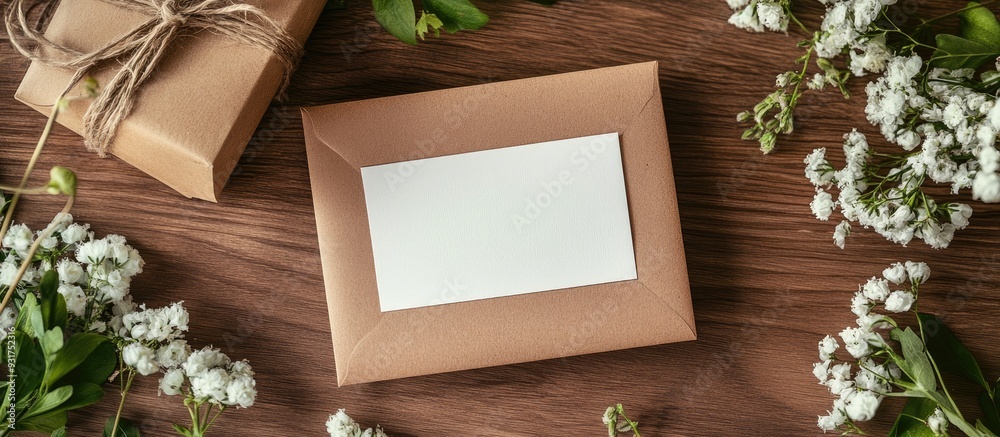 Poster Stylish table arrangement featuring a blank card on a wooden surface close up. with copy space image. Place for adding text or design