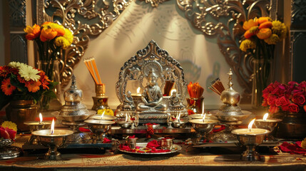 Obraz premium beautifully arranged pooja room in an Indian home
