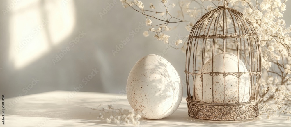 Aufkleber easter still life featuring an egg and a decorative cage against a white background. with copy space